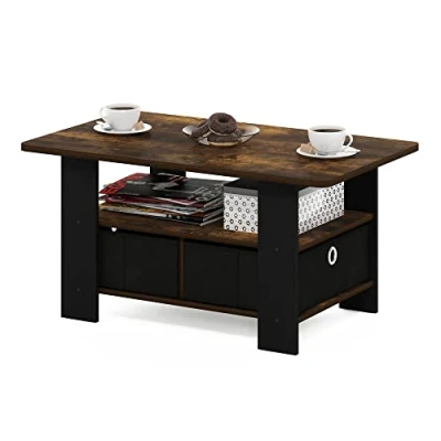 Image de Furinno Andrey Table Basse avec tiroir Poubelle, Engineered Wood, Pin Ambré/Noir