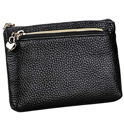 Image de HXT OAK Portefeuille en Cuir avec Porte clés Petit Monnaie Mini à Fermeture éclair Forme de cœur 3 Compartiments pour Billets et Cartes Noir
