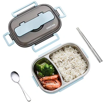 Image de amropi Bento Box Lunch en Acier Inoxydable avec 2/3/4/5 Compartiments Baguettes, cuillère pour Enfants Adultes, Passe au Lave Vaisselle (Bleu, 2 Compartiments)