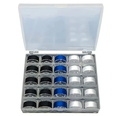 Image de fil à coudre, bobines pour Machine coudre avec boîte de rangement, 25pcs assortimentés couleurs noir/blanc/bleu bobine préenroulé Set accessoires…