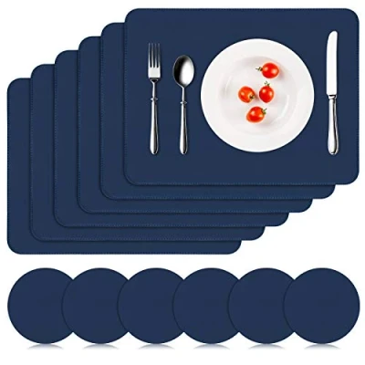 Image de APLKER Lot de 12 Sets Table Lavable, 6 Pièces Tables et Dessous Verres PVC Set Table, Antidérapant Imperméables Résistant à la Chaleur, 41 x 31 cm, Bleu foncé
