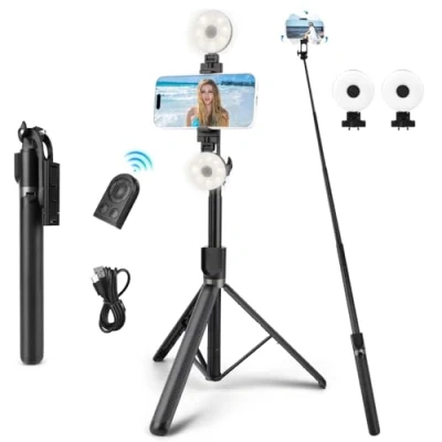 Image de Trepied Smartphone 180 CM,Perche à Selfie Trépied avec 2 Lumière, Détachable 360 Rotation Perche Trépieds pour iPhone et Android, Pieds Haute Résistance Support Tubulaire Extensible