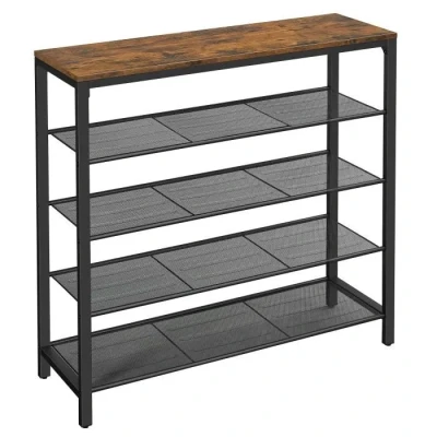 Image de VASAGLE Étagère à Chaussures, Meuble Chaussures 4 Niveaux et Grande Surface pour Sac, 100 x 30 92.5 cm, entrée, Couloir, Cadre en métal, Style Industrie, Marron Rustique Noir LBS15BX