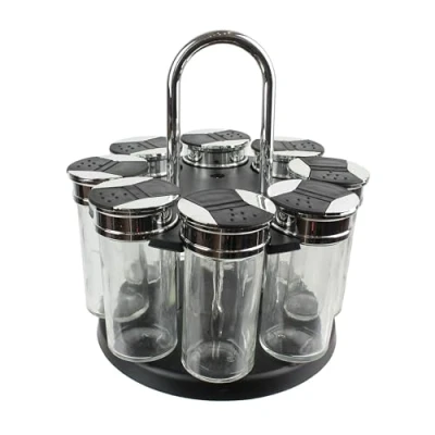 Image de S&amp;D Saveur et Dégustation KM4085 Carrousel à épices Distributeur rond rotatif 8 pots Noir gris transparent Plastique verre Couvercles double clapets D19 x H20,5 cm