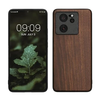 Image de kwmobile Housse Compatible avec Xiaomi 13T / Procoque Étui de Protection Rigide en Bois Cadre TPU Brun foncé