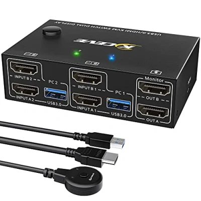 Image de Commutateur KVM USB 3.0 HDMI 2 PC Monitore, Simulation EDID, 4K@60Hz Extended Display, 2.0, Switch Dual Monitor Teilen Kabellose Tastatur, Maus, Wired Remote und 4 Kabeln