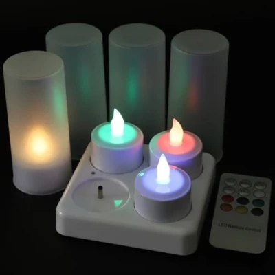 Image de EuroFone Sans flamme Bougie LED Rechargeable Tealight Lampes de thé Avec Support 4pcs/set (Multicolor with remote)