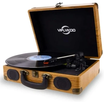 Image de VIFLYKOO Platine Vinyle, Vinyle à Encodeur Numérique Portabl Bluetooth avec Haut parleurs Stéréo intégrés Trois Vitesses 33/45/78 TR/Min et Entrée/Sortie AUX Bois Naturel