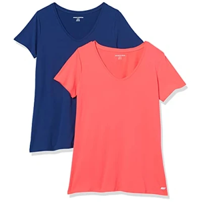 Image de Amazon Essentials T shirt Tech à manches courtes et col en V, extensible (disponible grande taille) Femme, Lot de 2, Bleu Marine/Orange Corail, XS