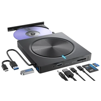 Image de Lecteur CD DVD Externe pour PC, USB 3.0 et C Graveur avec 2*USB A Fente SD/TF, Optique Portable /+RW Drive, Windows/MacOS/Laptop/Desktop
