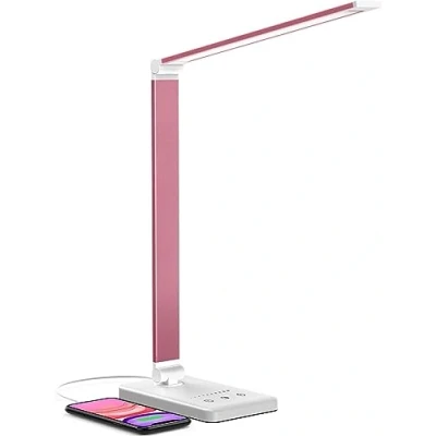 Image de Lampe de Bureau LED Rose, Lampes Enfants Dimmable 5 Modes Couleur 10 Niveaux Luminosité, Contrôle Tactile Protection des Yeux, Chevet Avec USB et Fonction Minuterie