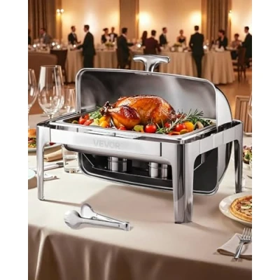 Image de VEVOR Chauffe Plat Rectangulaire 8,5 L, Buffet Chauffant avec Couvercle Rabattable, Réchaud en Acier Inoxydable Bac Pleine Taille, pour Libre Service Hôtel Traiteur Restauration, Argent