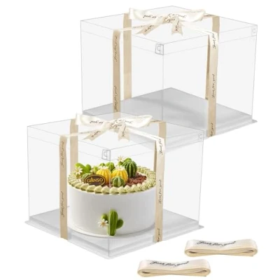 Image de 2pcs Boîte à Gâteaux Transparente, 26 x 24,5cm Cadeaux en Plastique avec Couvercles Double Couche de Cake Base Ruban d&#039;emballage Boulangerie (8 Zoll)
