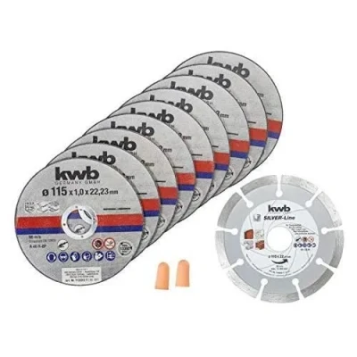 Image de kwb Disques à tronçonner + Disque diamant, Ø Mince Meuleuse d&#039;angle diamant 115 mm de tronçonnage p. Acier inoxydable INOX en boîte rangement, y compris bouchons d&#039;oreille