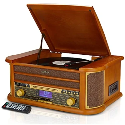 Image de Denver MRD 51BT MK2 lecteur de disque Radio Bluetooth 9 en 1 bois avec haut parleurs DAB+, FM, cassette, CD, entrée auxiliaire, enregistrement MP3 USB, auxiliaire
