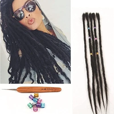 Image de 100% Extensions de Dreadlocks Cheveux Humains 20 Pouces 5 Brins/Pack Extension au Crochet Fait Main Pour Femmes/Hommes Cheveux(Couleur Noire)