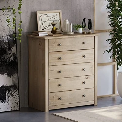 Image de Home Discount Panama Commode à 5 tiroirs Pin Massif ciré Finition chêne