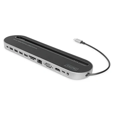 Image de DIGITUS Station d&#039;accueil USB C 12 ports 1x HDMI, VGA (4K@30Hz) 4x 3.0 / 2.0, 2x Type RJ45 LAN, jack audio, lecteur de carte Noir