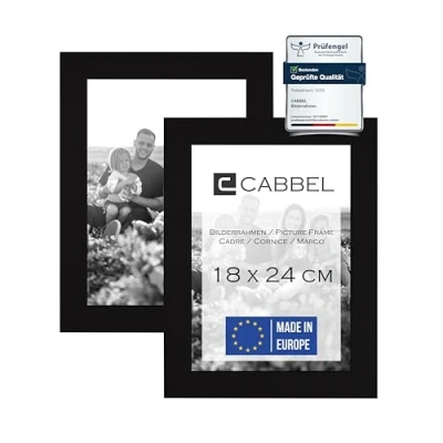 Image de CABBEL Lot de 2 cadres photo 18x24 cm, noirs, cadre solide en bois MDF, verre plexiglas incassable, à suspendre, idéal pour photos/images/collage, Noir
