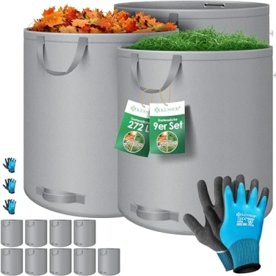 Image de KESSER® Sacs de jardin 9x 272L Set Sac à feuilles Déchets +gants Autonome 4 poignées Stable Robuste Pliable Tontes gazon pour Gris