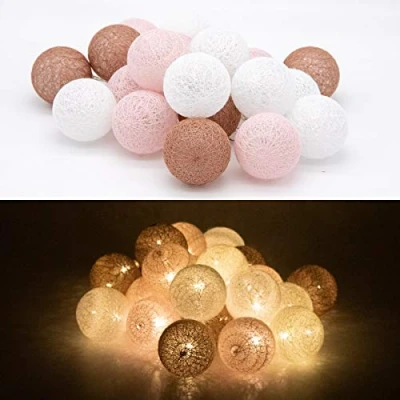 Image de Tronje 20 LED Guirlande Lumineuse Ø6cm Boules de Coton avec Minuterie 4h Portable Chaîne Lumière 3,8m Décoration Lampe Piles Marron Rose