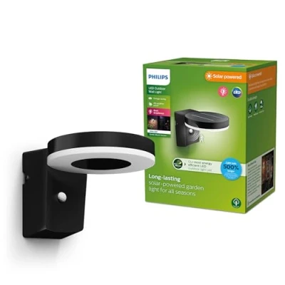 Image de Philips Zonal UltraEfficient, Applique murale solaire ronde, 1,3 W, 3000 K, noire, détecteur de mouvement, IP44, résistante aux intempéries, économie d&#039;énergie