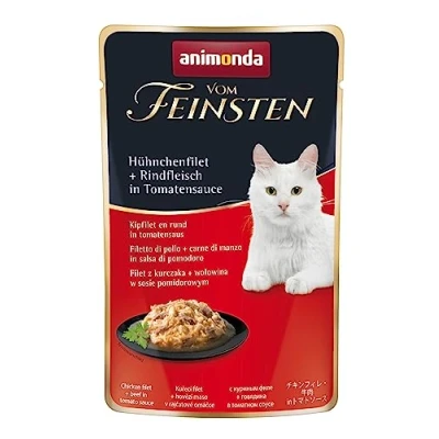 Image de animonda Vom Feinsten Nourriture pour Chat Adulte avec Filet de Poulet + Boeuf en Sauce Tomate dans Un Sac Frais 18 x 50 g