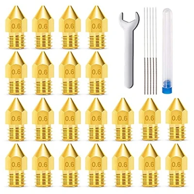 Image de MMOBIEL 20 pièces extrudeuse d&#039;imprimante E3D V5 V6 3D en Laiton de 0,6 mm pour Filament 1,75 mm, incluant Une clé M7 et 5 Aiguilles Nettoyage