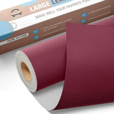 Image de Grand Kit Reparation Cuir, Simili Cuir Autocollant 40 x 80 cm, Patch de Réparation en Auto adhésif pour Sièges Auto, Canapés, Chaises, Transats, Bottes, Portefeuilles Bourgogne
