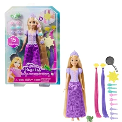 Image de Mattel Princesses Disney Poupée Raiponce Chevelure Conte de fées avec extensions capillaires qui changent couleur et accessoires coiffure, Jouet Enfant, Dès 3 ans, HLW18