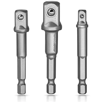 Image de S&amp;R Adaptateurs Porte Douilles sur Perceuse Visseuse Clés à Choc. Lot de 3 Adaptateur Mandrin pans Carré 1/4&quot;, 1/2&quot;, 3/8&quot; en Chome Vanadium (Gris Clair)