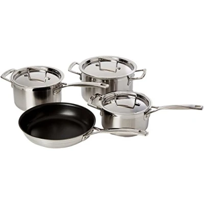 Image de Le Creuset Set de 7 Pièces en Inox 3 ply Intégral avec Couvercles Assortis, 1 Faitout (4L), 2 Casseroles (1,9/2,8 L), poêle anti adhérente (24 cm), Inox, Argenté,96209100001000