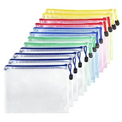 Image de Fousenuk 12 Pcs Pochette Document Zippée A4, PVC Transparentes Dossier, Étanche Sac Plastique Zip, à Fermeture, Mesh Zipper Pouch pour Voyage, Fournitures, Bureau, 5 Couleurs