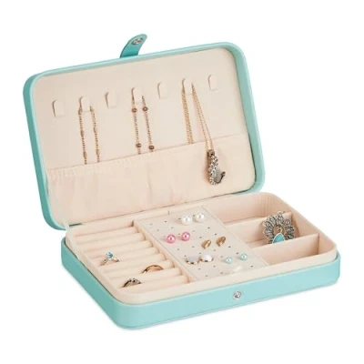 Image de Relaxdays Boîte à Bijoux, système de Rangement Pratique, pour bagues et chaînes, Voyages, HLP 4,5x21x14,5 cm, Turquoise