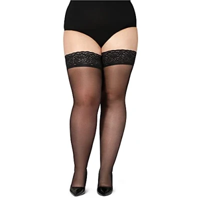 Image de Bellivalini Collant Bas Autofixant avec Dentelle Grande Taille Femme 20 DEN BLV 1126 (Noir, 3XL)