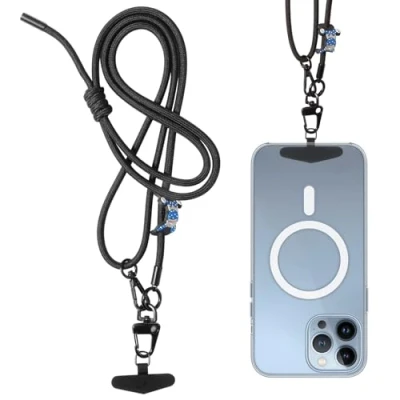 Image de Oderra Cordon Telephone Portable, Tour de Cou Telephone, Universelle Laniere Bandouliere Réglable Poignet Laniere, avec Porte Clés, Patch, Pendentif en Silicone (Noir)