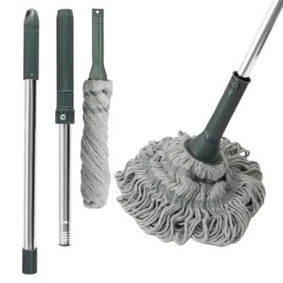 Image de balai à franges Twist Mop 128 long manche en microfibre essorage automatique avec 2 têtes de serpillère, sol fil coton très absorbant, tampon récurer anti rayures pour les taches
