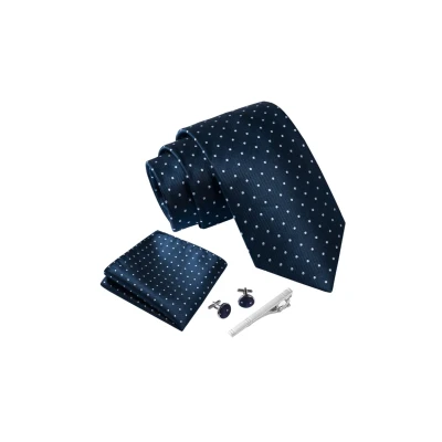 Image de Cravate Hommes Pointillé Bleu foncé et mouchoirs de poche, boutons manchette Pinces à cravates Coffret cadeau Accessoires Fete Mariage