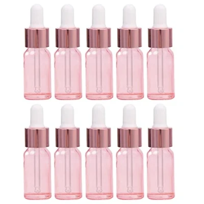 Image de JamHooDirect Lot de 10 flacons compte gouttes en verre ml avec pipettes gouttes, mini vides pour huiles massage essentielles, Capuchon rose transparent/or rose, Medium