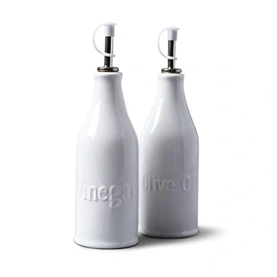 Image de WM Bartleet &amp; Sons Bouteilles d&#039;huile d&#039;olive et de vinaigre (24 cm) avec bec verseur En acier inoxydable bouchon liège anti goutte porcelaine qualité supérieure Finition lisse