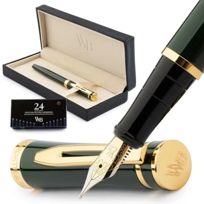 Image de Wordsworth &amp; Black Kit stylo plume, Plume dorée moyenne 18 carats, Comprend 24 cartouches d&#039;encre, Convertisseur de recharge d&#039;encre et coffret cadeau, Finition or, Calligraphie, [Vert course]