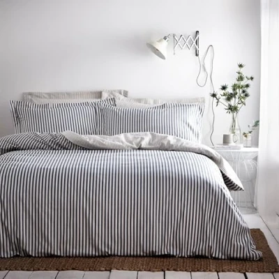 Image de Le Linge Cour Hebden Couette Réversible Set Rayé Design 1 X Taie Inclus Lavable À La Machine 135 200 Cm (53&quot; 79&quot; Pouces), Coton, Bleu/Gris/Naturel, Simple