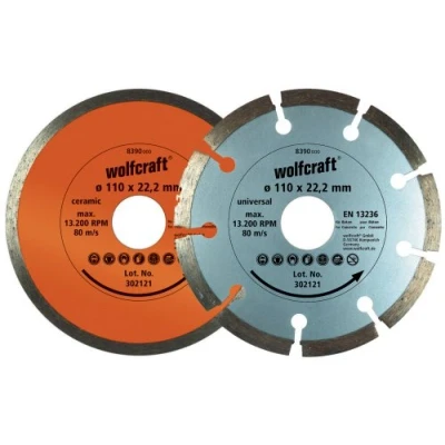 Image de wolfcraft 8390000 2 Disques Diamant à Tronçonner Ø 110 Mm, Alésage 22,2 en 13236 : 1 Disque Segmenté + Carrelage,argent