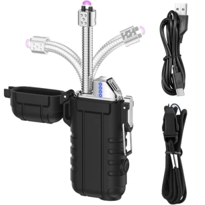 Image de Briquet à arc électrique, rechargeable par USB, long, avec lumière et sifflet d&#039;urgence, portable, étanche, coupe vent, sans flamme, pour bougies Yankee Candle, barbecue, cuisinière, camping, cheminée