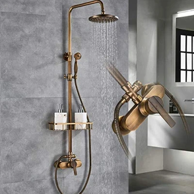 Image de Robinet de douche antique à effet pluie en laiton Douchette rétro Système rond main avec barre Montage mural Pommeau