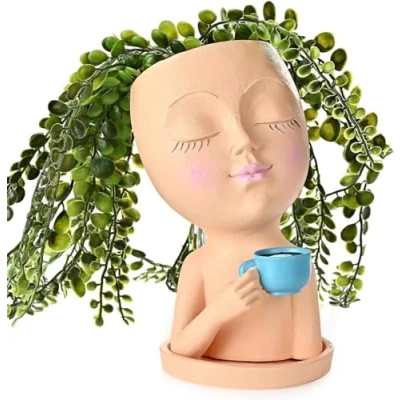 Image de WLDOCA Vase Visage, Pot de Fleurs en Forme Visage avec tête pour Plantes d&#039;intérieur résine Trou Drainage. Statue Femme Mignonne décorer, Cadeau,B