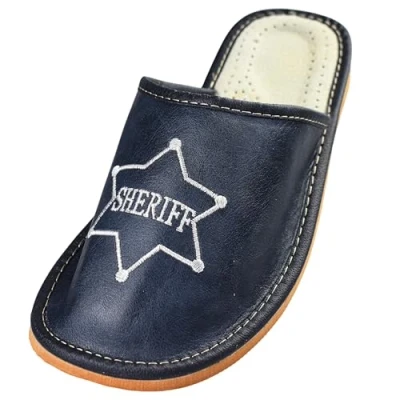 Image de APREGGIO Pantoufles Homme en Cuir Fait Main Chaussons avec Semelle Basse d&#039;Été à Bout fermé Bleu Marine Pointure 44 EU