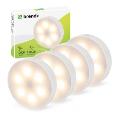 Image de Brendz Lumiere LED Rond pour Armoire, Commande Tactile, Rechargeable USB C, Dimmerable, Magnétique, 4 pièces, 3 Températures de Couleur, Lampe Rechargeable, Placard