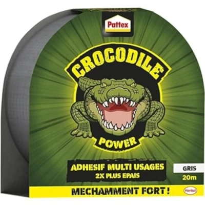 Image de Pattex Crocodile Power adhésif Multi Usages Gris (rouleau de 20 m) Ruban extra fort résistant à l&#039;eau Rouleau pour maintien durable