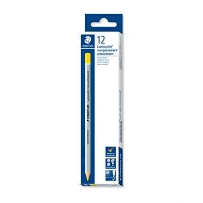 Image de Staedtler Lumocolor Omnichrom, crayons jaunes non permanents pour marquage sur la plupart des surfaces, Effaçables à sec et l&#039;eau, Couleurs intenses, Boîte carton avec 12 assortis, 108 1 VE